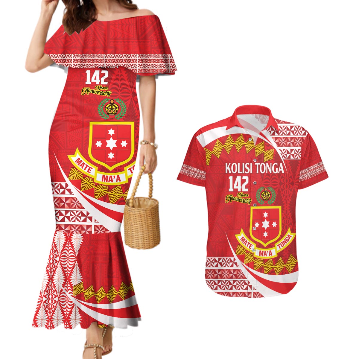 Personalised Kolisi Tonga College Atele Couples Matching Mermaid Dress and Hawaiian Shirt Mate Maa Tonga 142 Years Anniversary