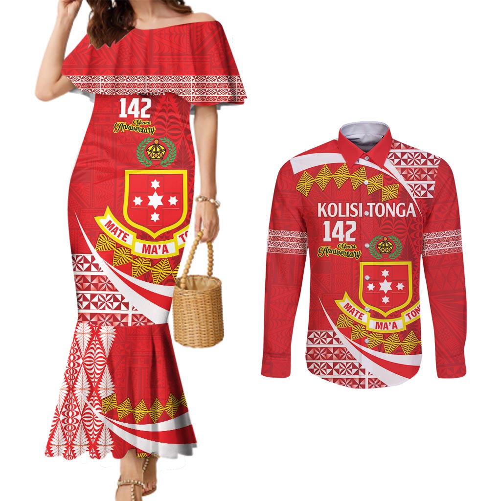 Personalised Kolisi Tonga College Atele Couples Matching Mermaid Dress and Long Sleeve Button Shirt Mate Maa Tonga 142 Years Anniversary LT14 Red - Polynesian Pride