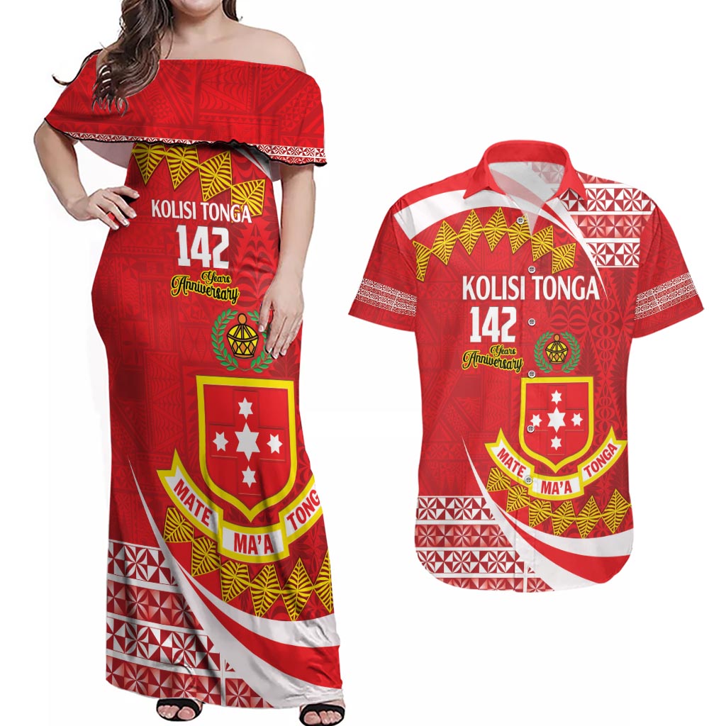 Personalised Kolisi Tonga College Atele Couples Matching Off Shoulder Maxi Dress and Hawaiian Shirt Mate Maa Tonga 142 Years Anniversary