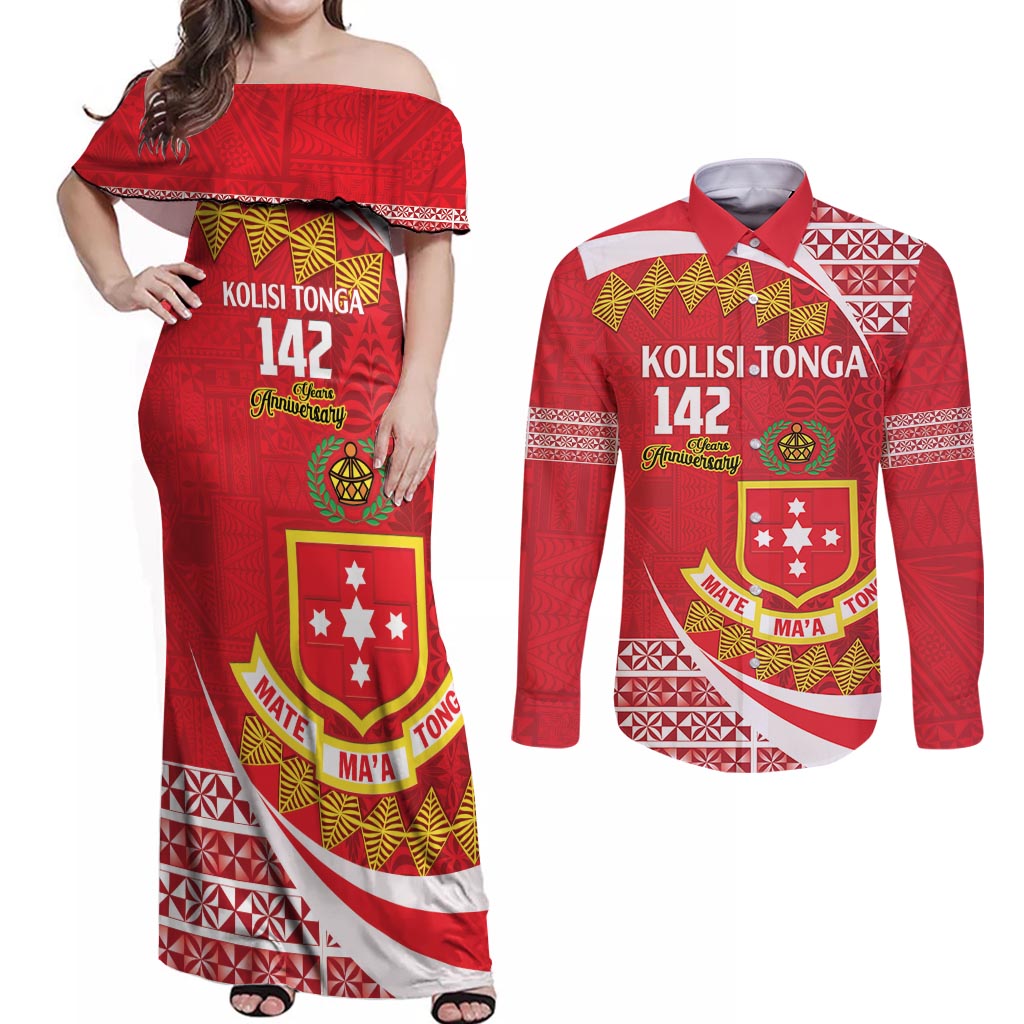 Personalised Kolisi Tonga College Atele Couples Matching Off Shoulder Maxi Dress and Long Sleeve Button Shirt Mate Maa Tonga 142 Years Anniversary