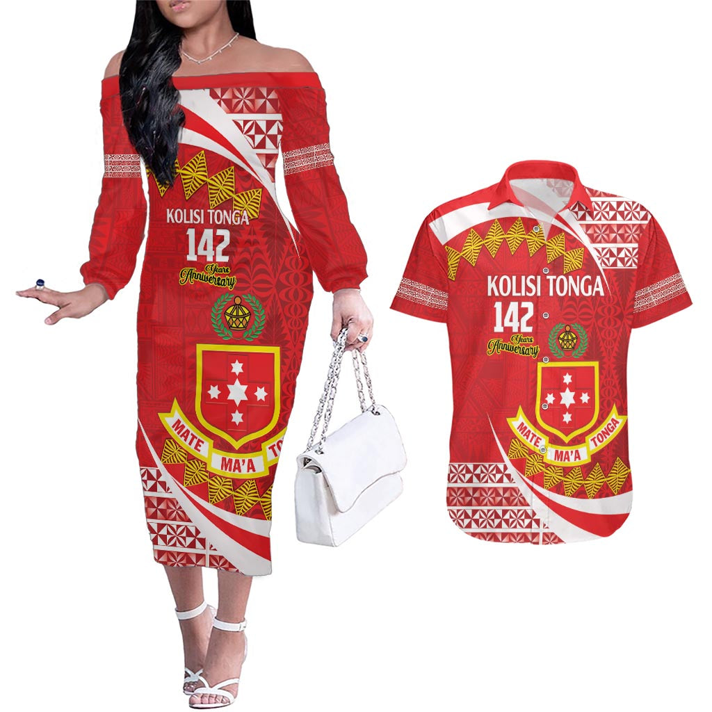 Personalised Kolisi Tonga College Atele Couples Matching Off The Shoulder Long Sleeve Dress and Hawaiian Shirt Mate Maa Tonga 142 Years Anniversary