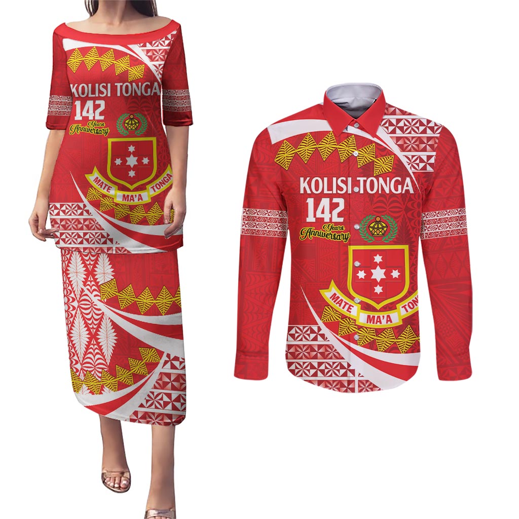 Personalised Kolisi Tonga College Atele Couples Matching Puletasi and Long Sleeve Button Shirt Mate Maa Tonga 142 Years Anniversary LT14 Red - Polynesian Pride