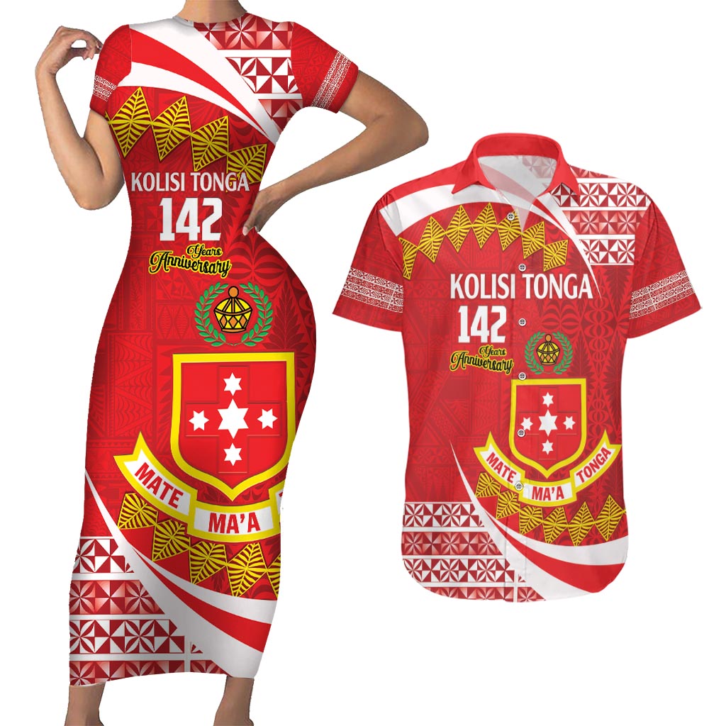 Personalised Kolisi Tonga College Atele Couples Matching Short Sleeve Bodycon Dress and Hawaiian Shirt Mate Maa Tonga 142 Years Anniversary LT14 Red - Polynesian Pride