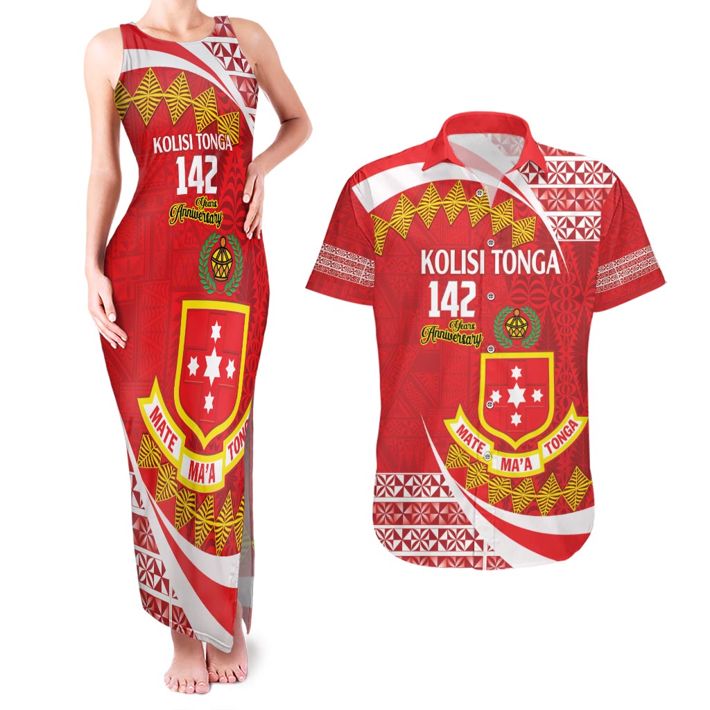 Personalised Kolisi Tonga College Atele Couples Matching Tank Maxi Dress and Hawaiian Shirt Mate Maa Tonga 142 Years Anniversary LT14 Red - Polynesian Pride