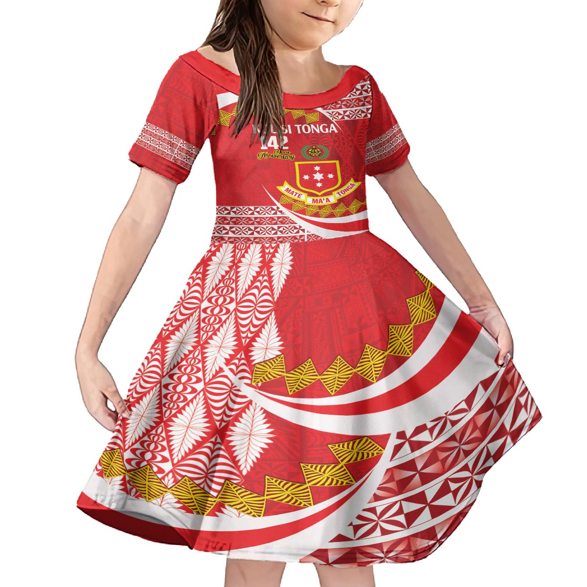 Personalised Kolisi Tonga College Atele Family Matching Off The Shoulder Long Sleeve Dress and Hawaiian Shirt Mate Maa Tonga 142 Years Anniversary