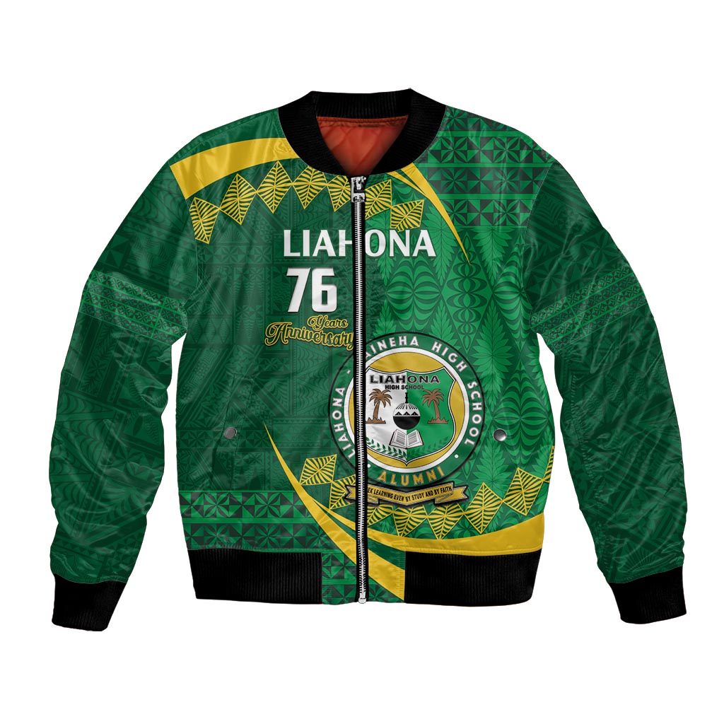 Personalised Tonga Liahona-Saineha High School Bomber Jacket Happy 76 Years Anniversary LT14 Unisex Green - Polynesian Pride