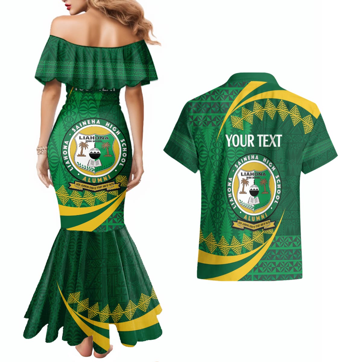 Personalised Tonga Liahona-Saineha High School Couples Matching Mermaid Dress and Hawaiian Shirt Happy 76 Years Anniversary