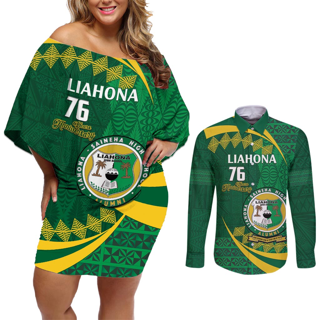 Personalised Tonga Liahona-Saineha High School Couples Matching Off Shoulder Short Dress and Long Sleeve Button Shirt Happy 76 Years Anniversary