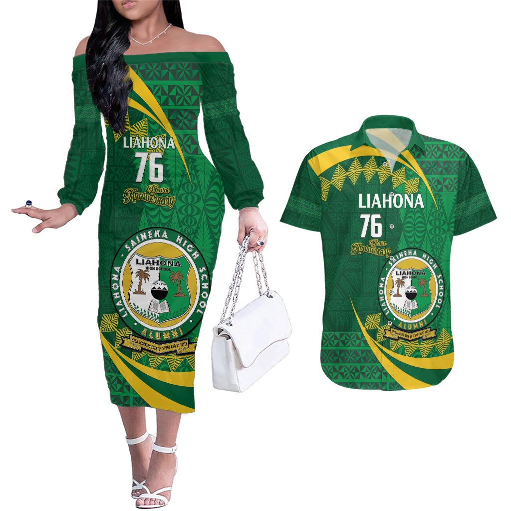 Personalised Tonga Liahona-Saineha High School Couples Matching Off The Shoulder Long Sleeve Dress and Hawaiian Shirt Happy 76 Years Anniversary