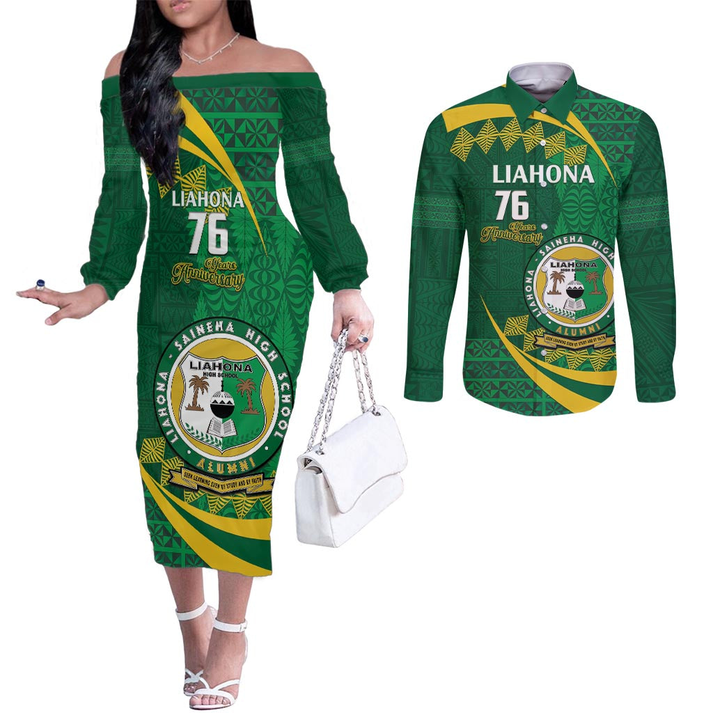 Personalised Tonga Liahona-Saineha High School Couples Matching Off The Shoulder Long Sleeve Dress and Long Sleeve Button Shirt Happy 76 Years Anniversary LT14 Green - Polynesian Pride