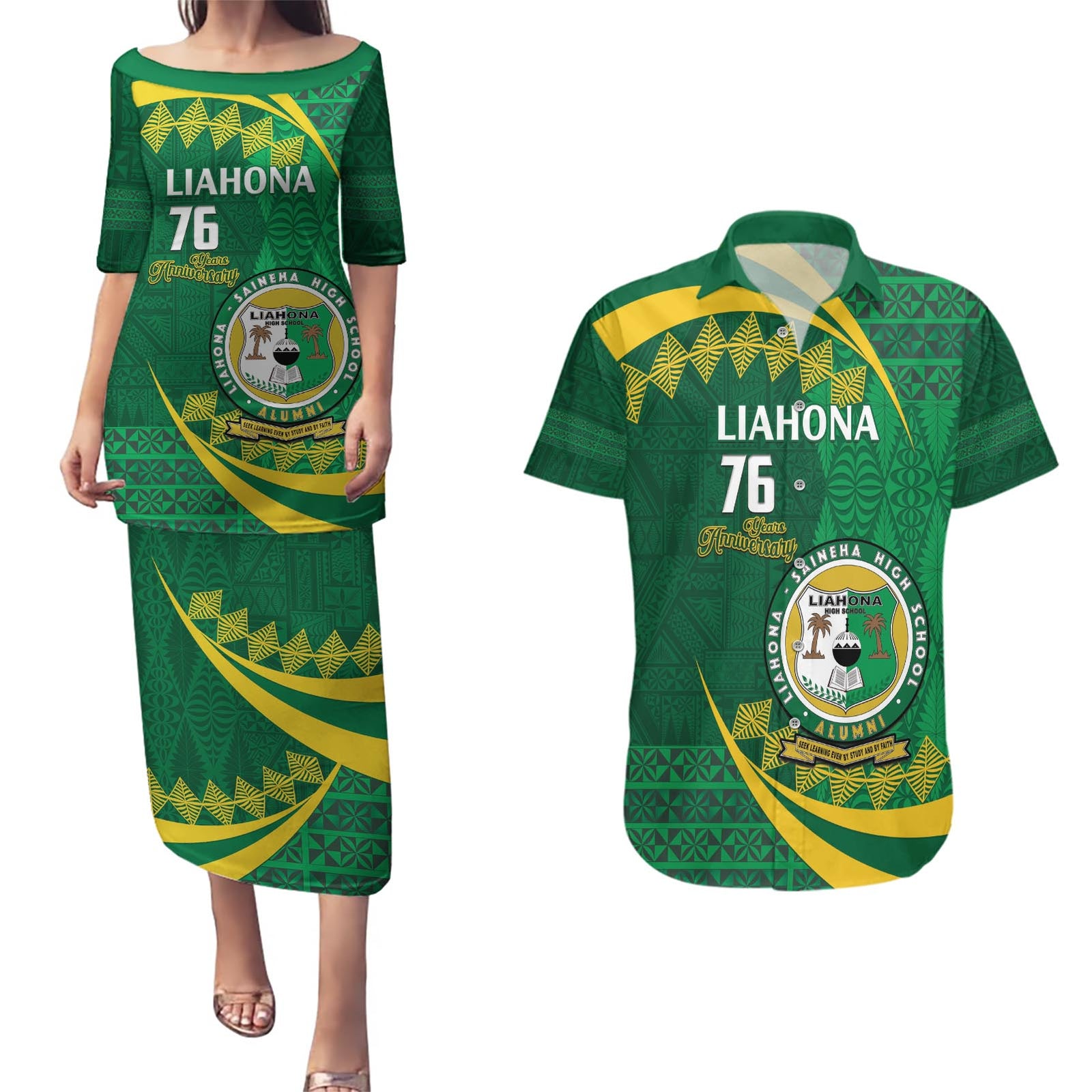 Personalised Tonga Liahona-Saineha High School Couples Matching Puletasi and Hawaiian Shirt Happy 76 Years Anniversary LT14 Green - Polynesian Pride