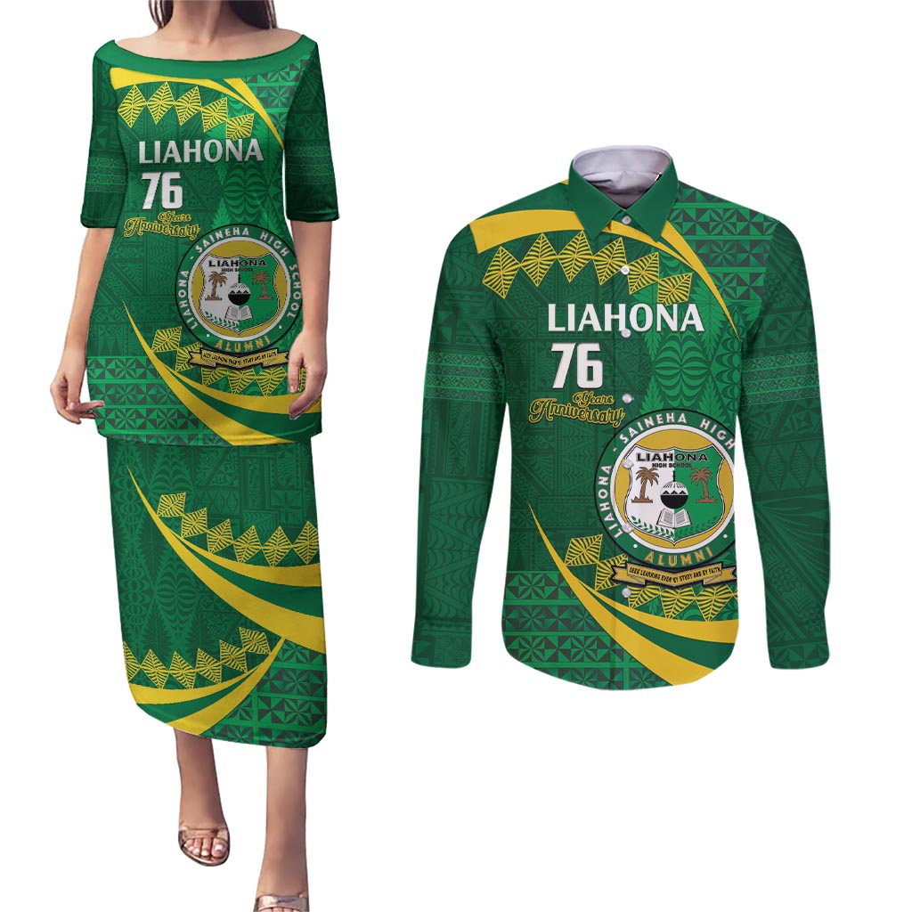 Personalised Tonga Liahona-Saineha High School Couples Matching Puletasi and Long Sleeve Button Shirt Happy 76 Years Anniversary