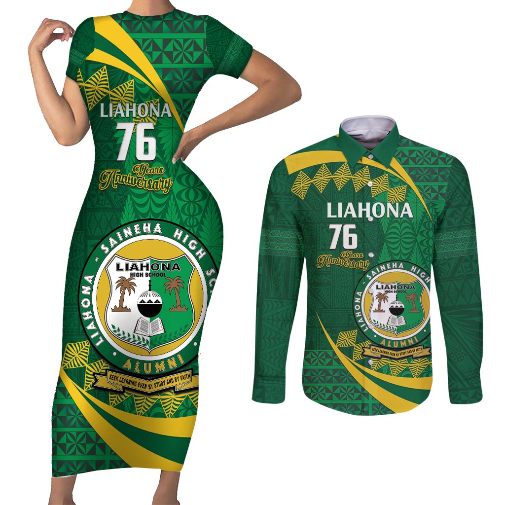 Personalised Tonga Liahona-Saineha High School Couples Matching Short Sleeve Bodycon Dress and Long Sleeve Button Shirt Happy 76 Years Anniversary LT14 Green - Polynesian Pride
