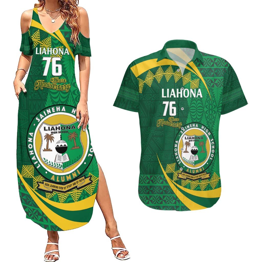 Personalised Tonga Liahona-Saineha High School Couples Matching Summer Maxi Dress and Hawaiian Shirt Happy 76 Years Anniversary LT14 Green - Polynesian Pride
