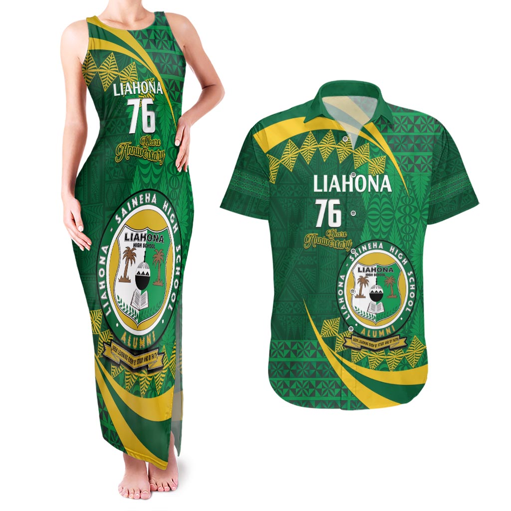 Personalised Tonga Liahona-Saineha High School Couples Matching Tank Maxi Dress and Hawaiian Shirt Happy 76 Years Anniversary LT14 Green - Polynesian Pride
