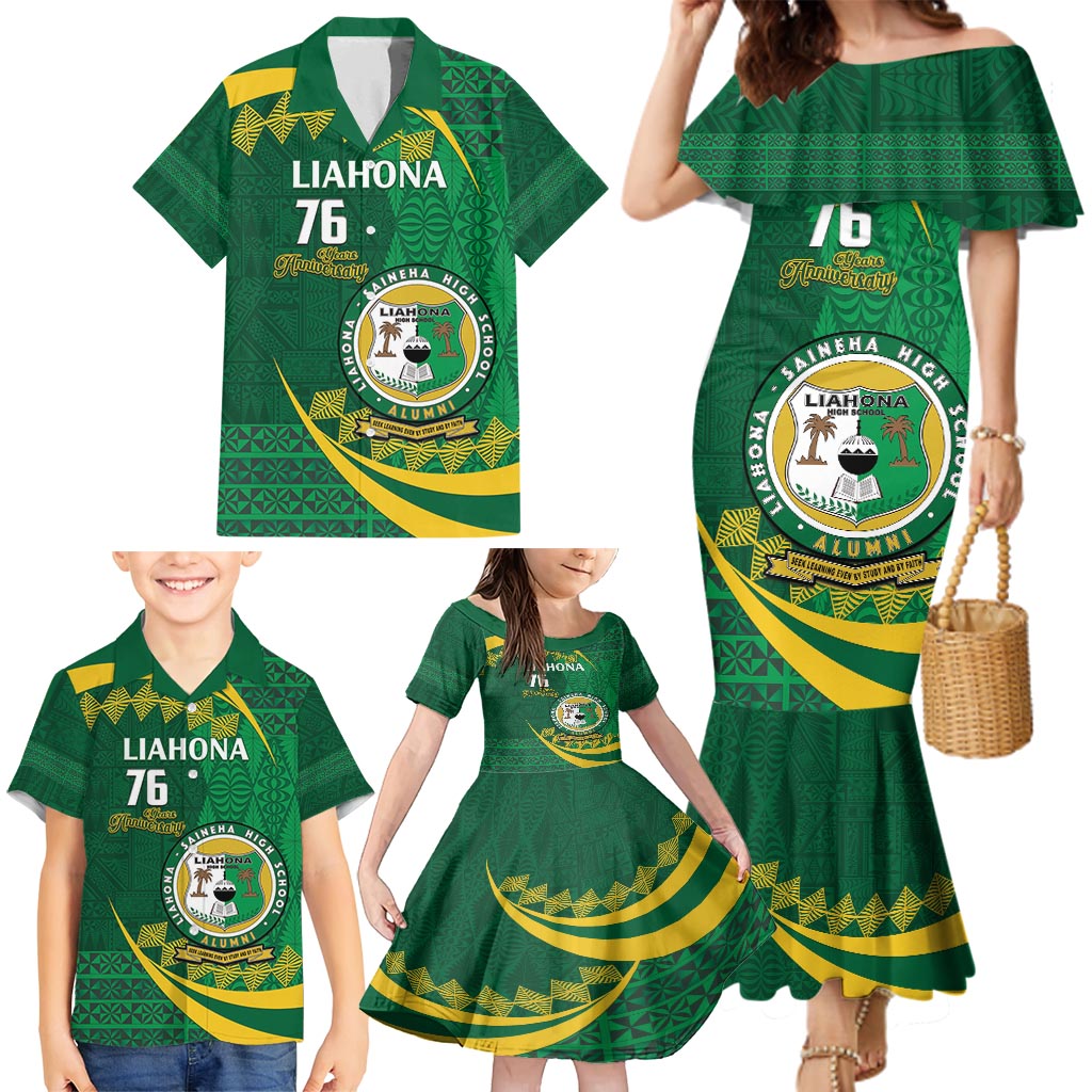 Personalised Tonga Liahona-Saineha High School Family Matching Mermaid Dress and Hawaiian Shirt Happy 76 Years Anniversary LT14 - Polynesian Pride