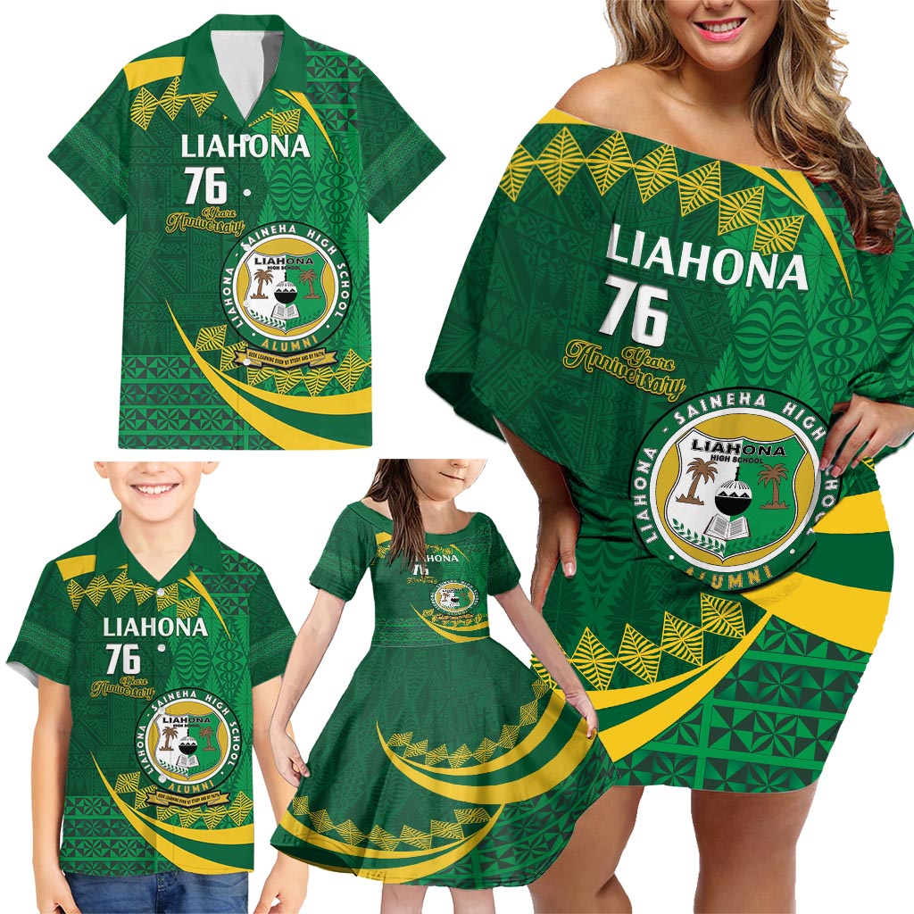 Personalised Tonga Liahona-Saineha High School Family Matching Off Shoulder Short Dress and Hawaiian Shirt Happy 76 Years Anniversary