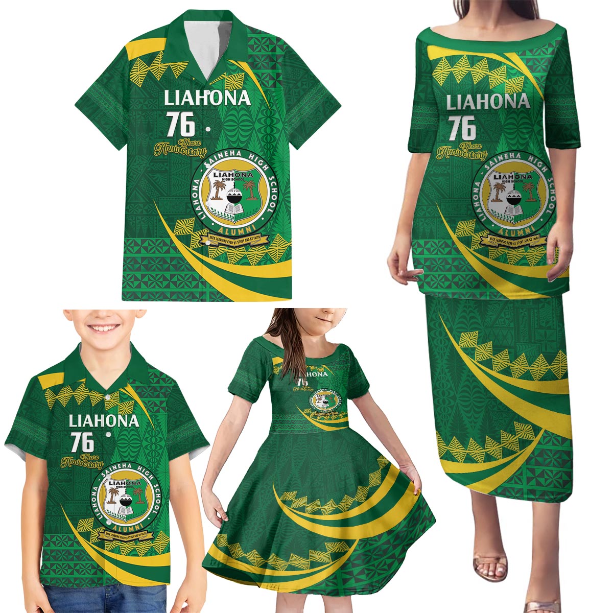 Personalised Tonga Liahona-Saineha High School Family Matching Puletasi and Hawaiian Shirt Happy 76 Years Anniversary LT14 - Polynesian Pride