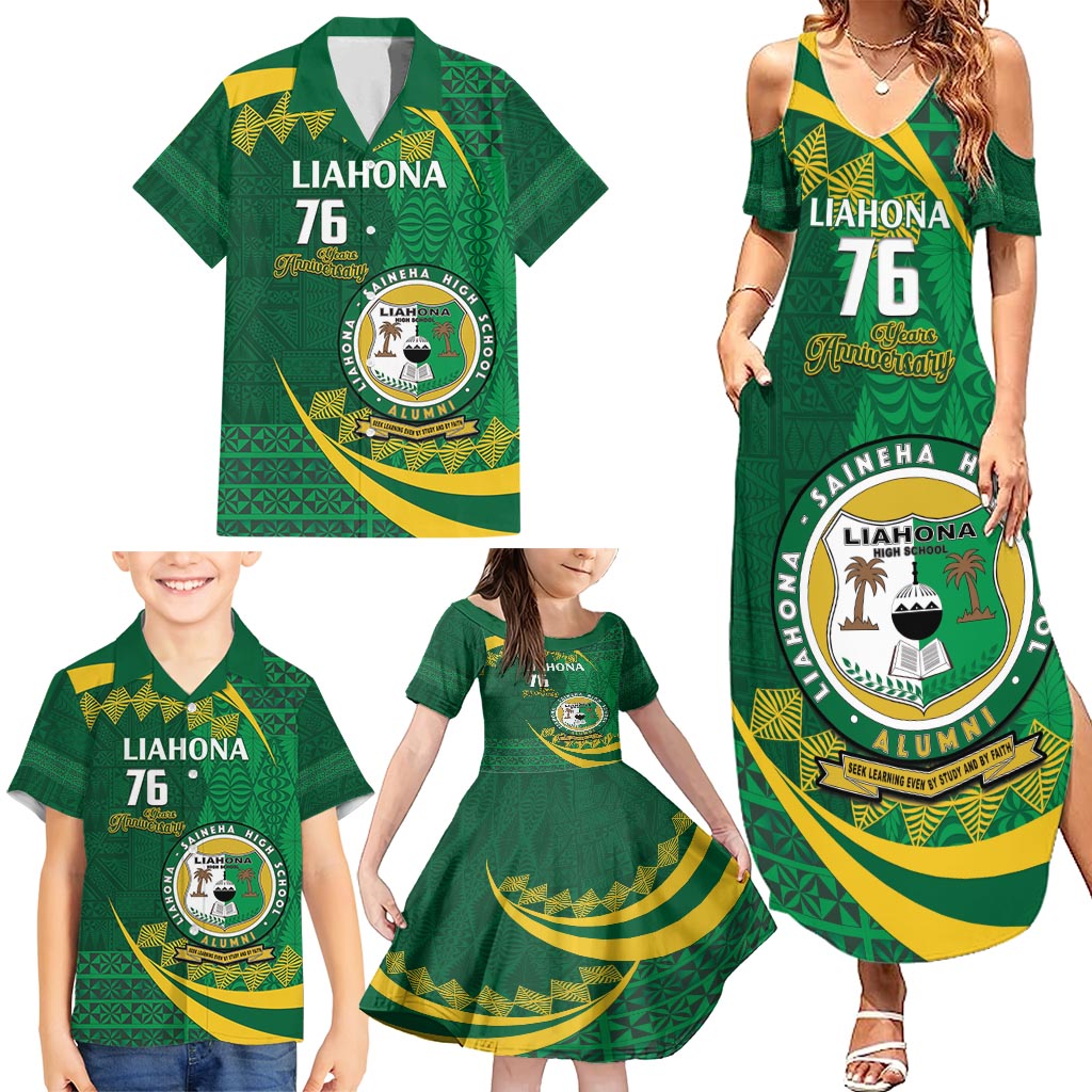 Personalised Tonga Liahona-Saineha High School Family Matching Summer Maxi Dress and Hawaiian Shirt Happy 76 Years Anniversary LT14 - Polynesian Pride