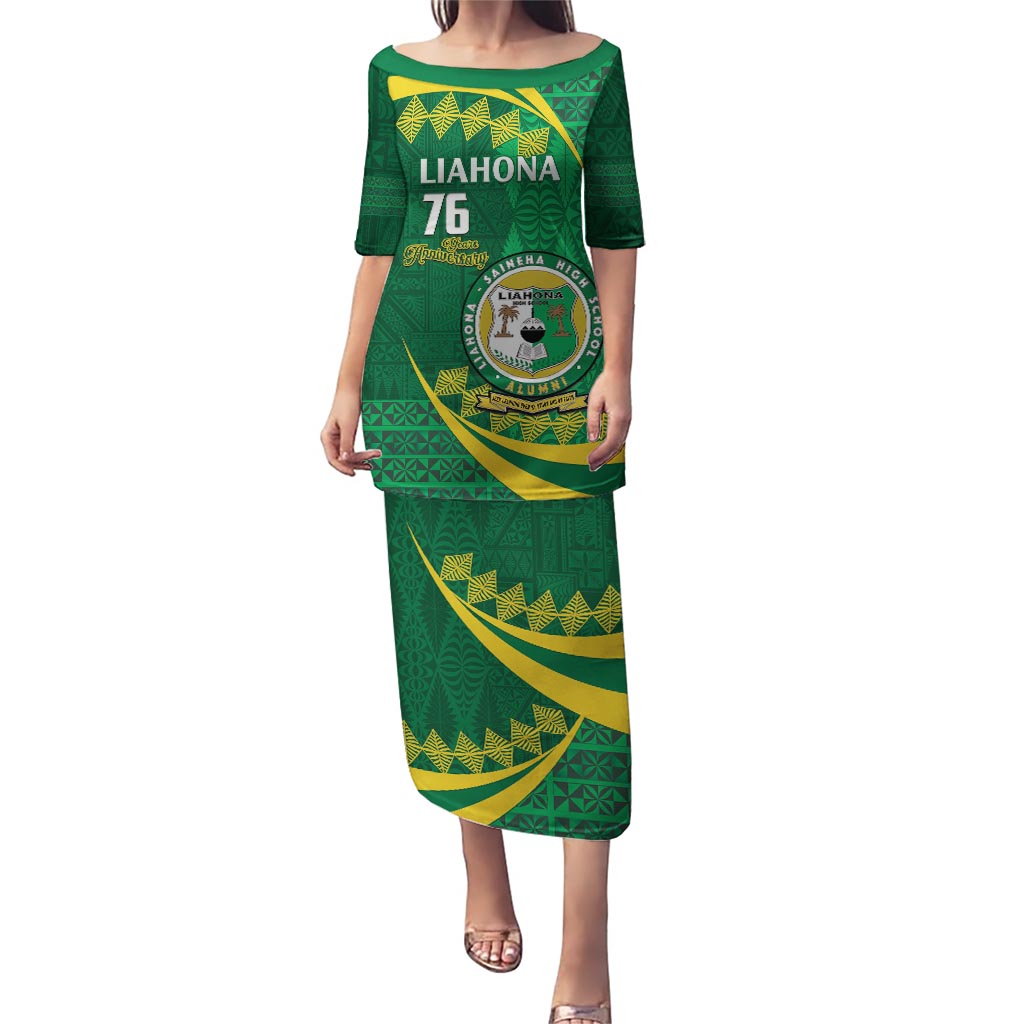 Personalised Tonga Liahona-Saineha High School Puletasi Happy 76 Years Anniversary LT14 Long Dress Green - Polynesian Pride