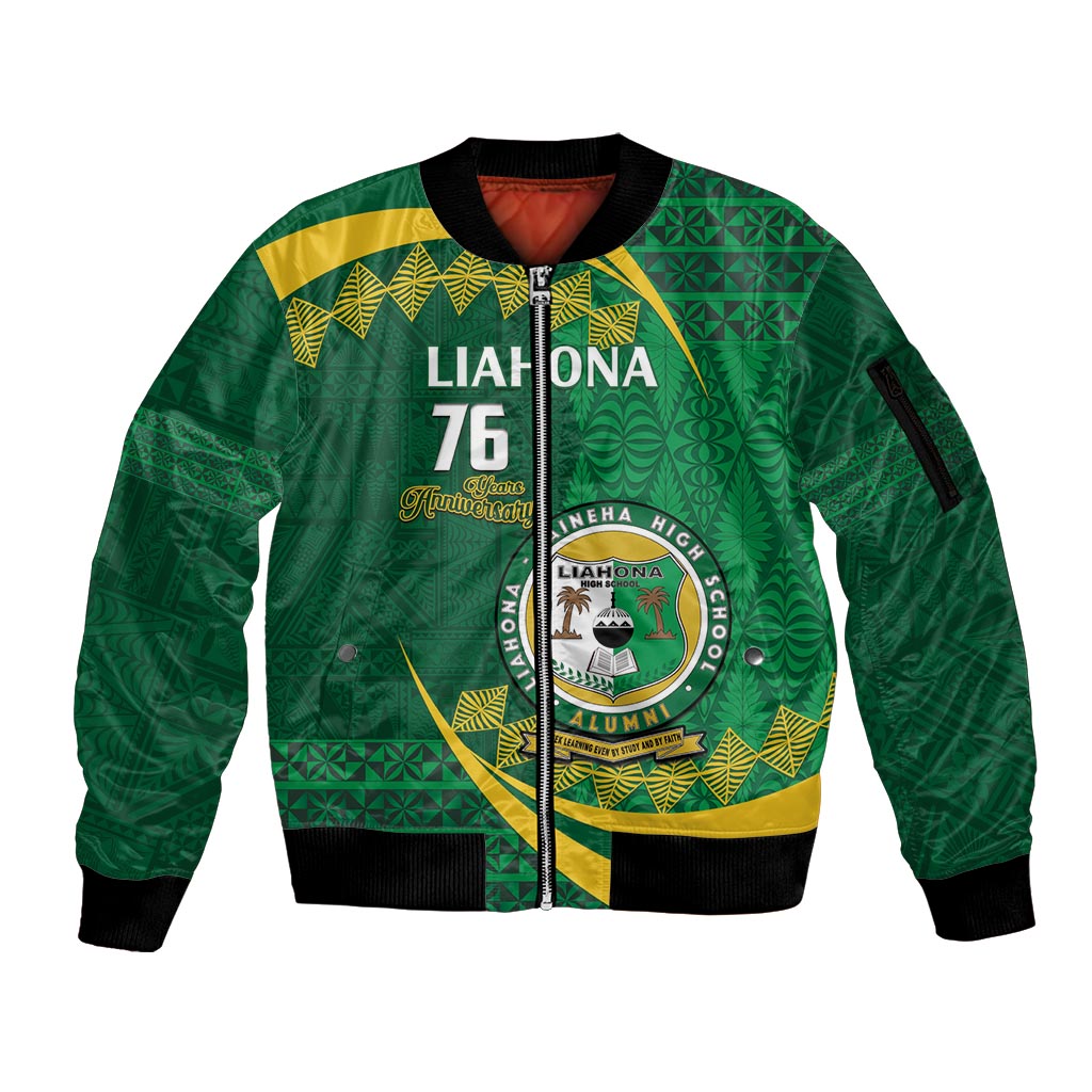 Personalised Tonga Liahona-Saineha High School Sleeve Zip Bomber Jacket Happy 76 Years Anniversary LT14 Unisex Green - Polynesian Pride