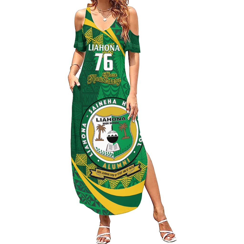Personalised Tonga Liahona-Saineha High School Summer Maxi Dress Happy 76 Years Anniversary LT14 Women Green - Polynesian Pride