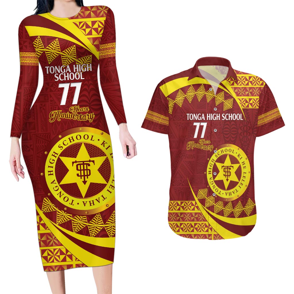 Personalised Tonga High School Couples Matching Long Sleeve Bodycon Dress and Hawaiian Shirt Happy 77 Years Anniversary LT14 Maroon - Polynesian Pride