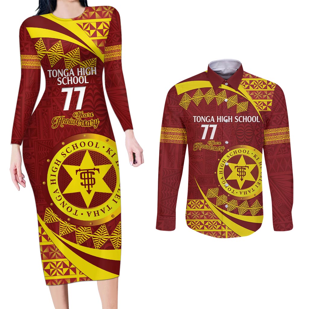 Personalised Tonga High School Couples Matching Long Sleeve Bodycon Dress and Long Sleeve Button Shirt Happy 77 Years Anniversary LT14 Maroon - Polynesian Pride