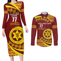 Personalised Tonga High School Couples Matching Long Sleeve Bodycon Dress and Long Sleeve Button Shirt Happy 77 Years Anniversary LT14 Maroon - Polynesian Pride