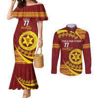 Personalised Tonga High School Couples Matching Mermaid Dress and Long Sleeve Button Shirt Happy 77 Years Anniversary LT14 Maroon - Polynesian Pride