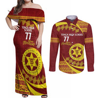 Personalised Tonga High School Couples Matching Off Shoulder Maxi Dress and Long Sleeve Button Shirt Happy 77 Years Anniversary