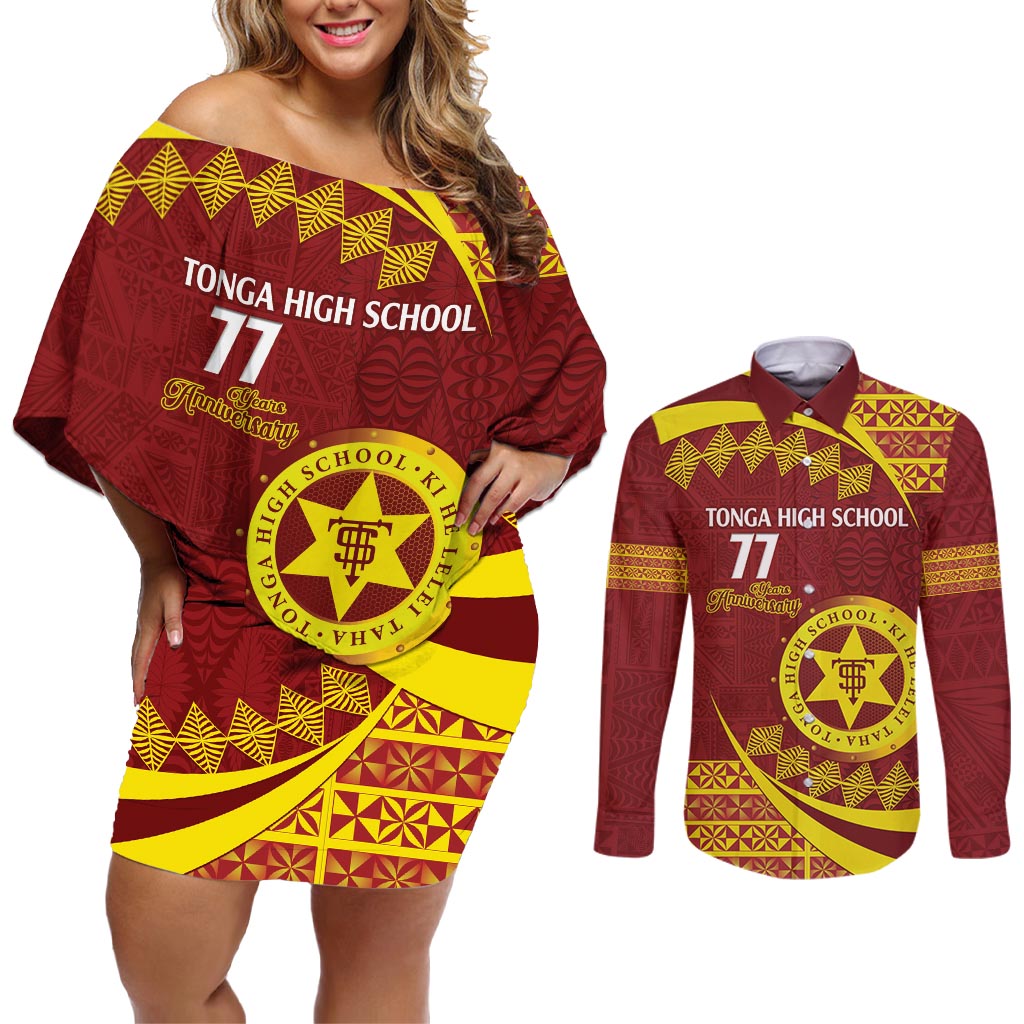 Personalised Tonga High School Couples Matching Off Shoulder Short Dress and Long Sleeve Button Shirt Happy 77 Years Anniversary