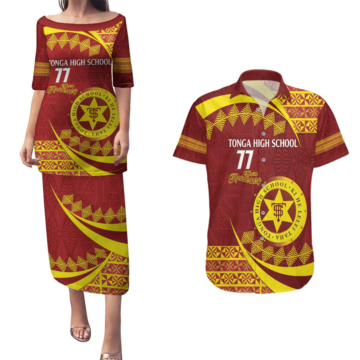 Personalised Tonga High School Couples Matching Puletasi and Hawaiian Shirt Happy 77 Years Anniversary LT14 Maroon - Polynesian Pride