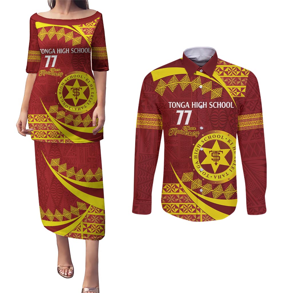 Personalised Tonga High School Couples Matching Puletasi and Long Sleeve Button Shirt Happy 77 Years Anniversary LT14 Maroon - Polynesian Pride