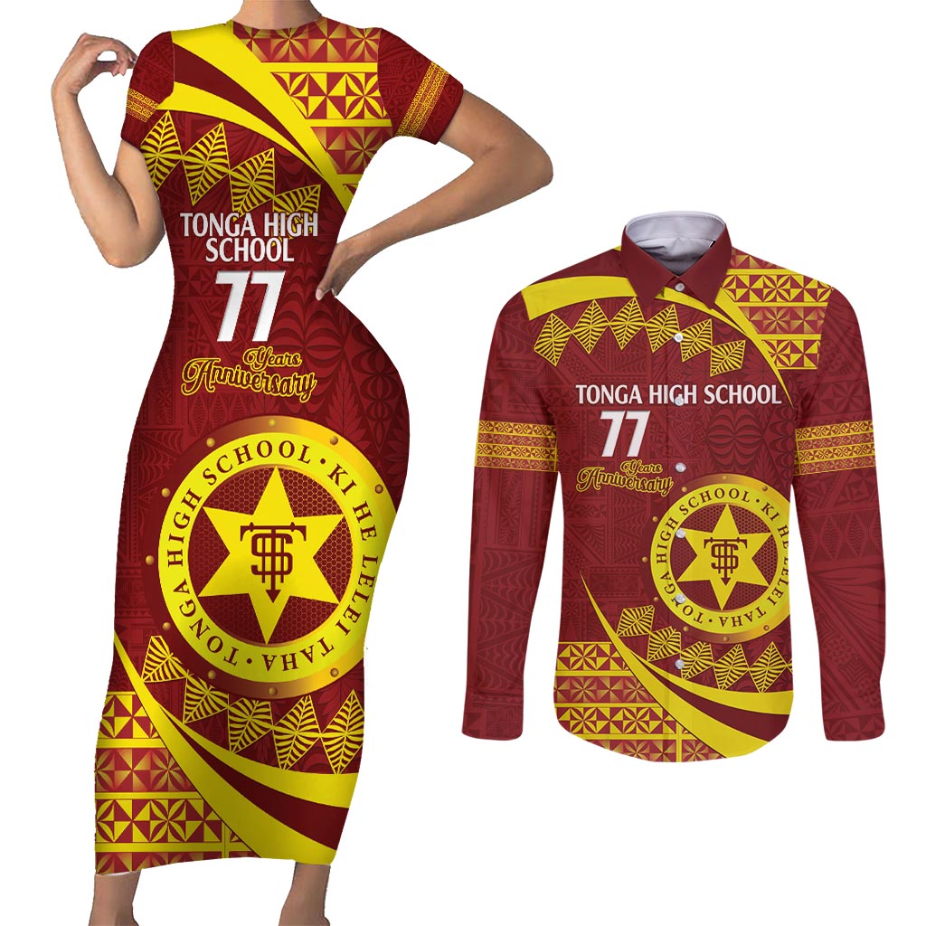 Personalised Tonga High School Couples Matching Short Sleeve Bodycon Dress and Long Sleeve Button Shirt Happy 77 Years Anniversary LT14 Maroon - Polynesian Pride