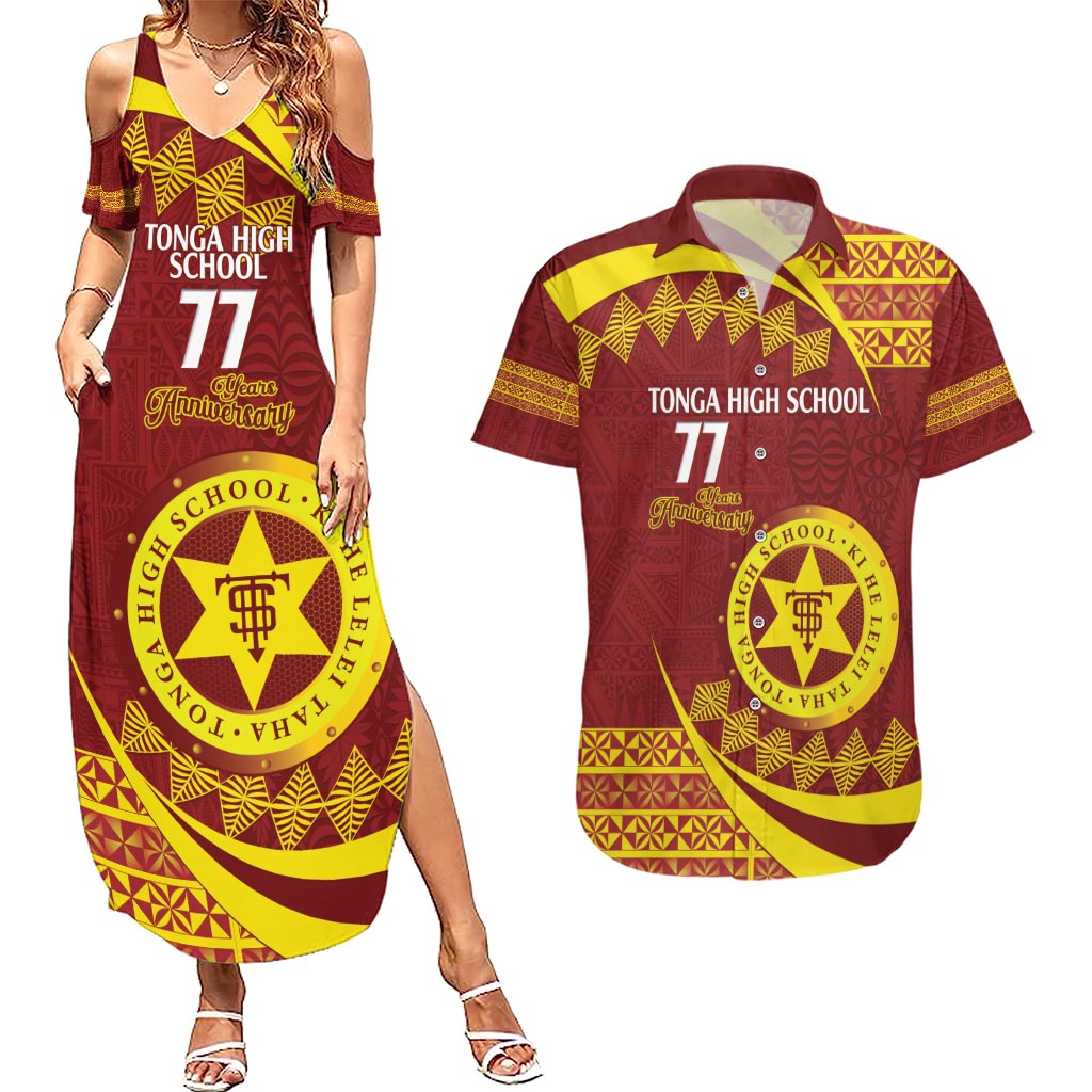 Personalised Tonga High School Couples Matching Summer Maxi Dress and Hawaiian Shirt Happy 77 Years Anniversary LT14 Maroon - Polynesian Pride