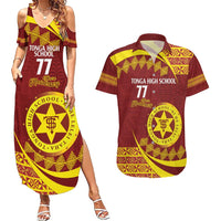 Personalised Tonga High School Couples Matching Summer Maxi Dress and Hawaiian Shirt Happy 77 Years Anniversary LT14 Maroon - Polynesian Pride