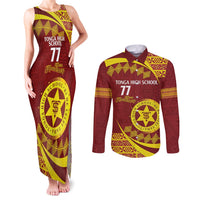 Personalised Tonga High School Couples Matching Tank Maxi Dress and Long Sleeve Button Shirt Happy 77 Years Anniversary LT14 Maroon - Polynesian Pride