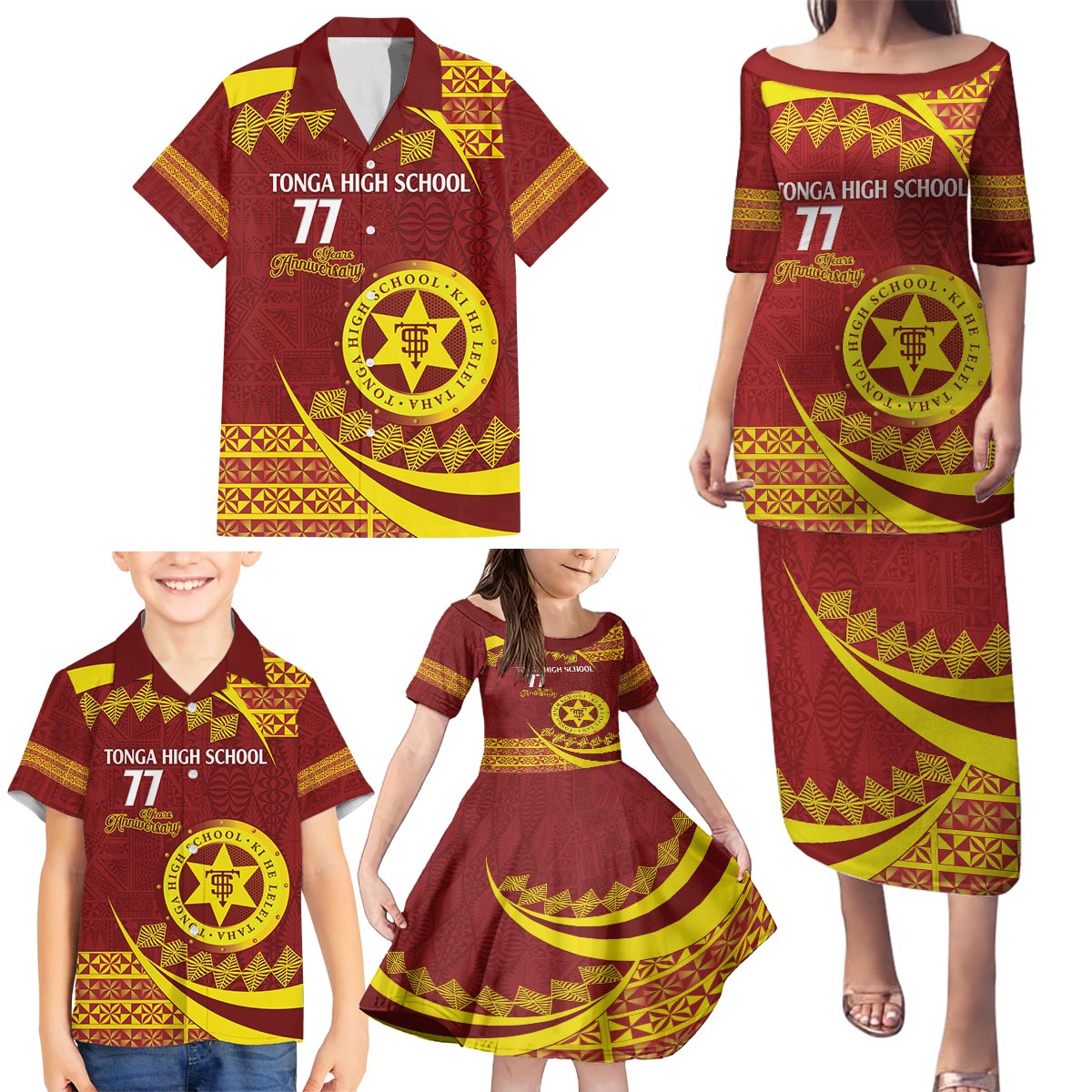 Personalised Tonga High School Family Matching Puletasi and Hawaiian Shirt Happy 77 Years Anniversary