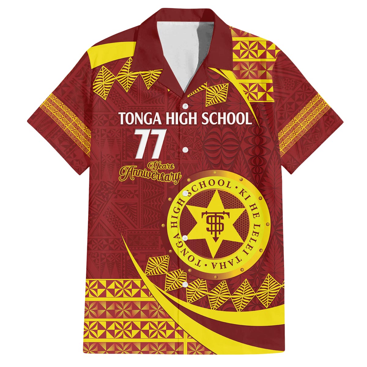 Personalised Tonga High School Family Matching Puletasi and Hawaiian Shirt Happy 77 Years Anniversary LT14 Dad's Shirt - Short Sleeve Maroon - Polynesian Pride