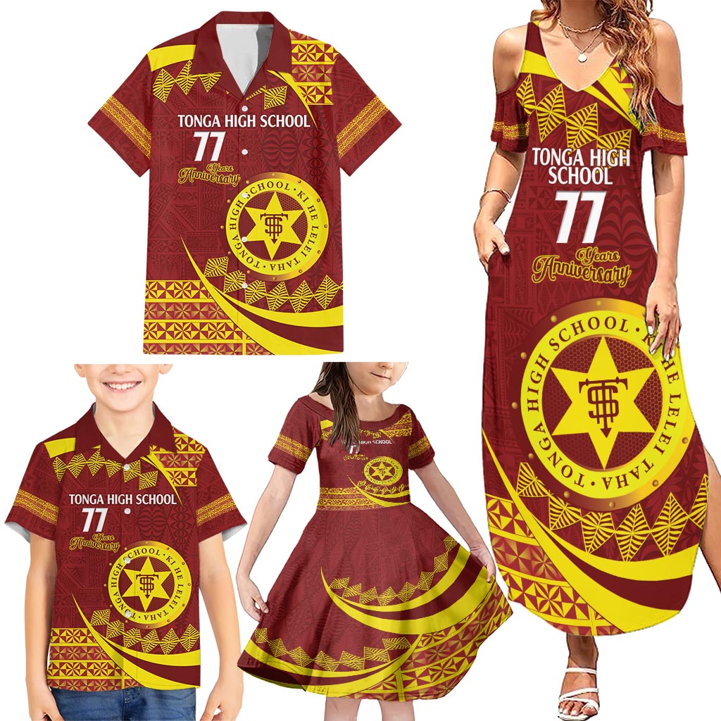 Personalised Tonga High School Family Matching Summer Maxi Dress and Hawaiian Shirt Happy 77 Years Anniversary