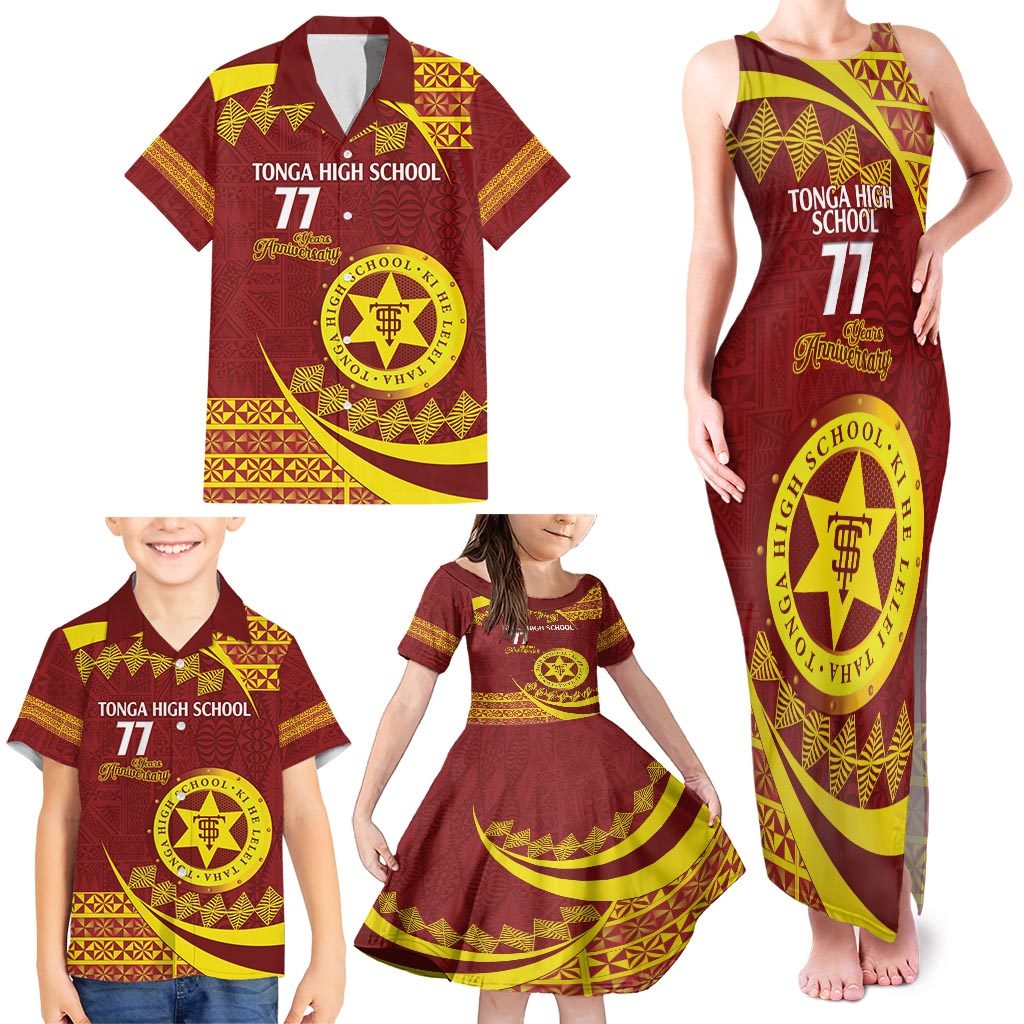 Personalised Tonga High School Family Matching Tank Maxi Dress and Hawaiian Shirt Happy 77 Years Anniversary