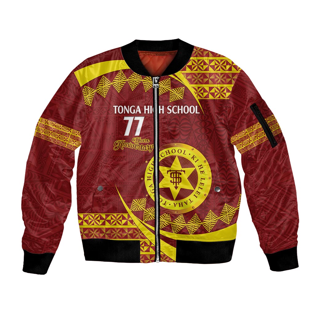 Personalised Tonga High School Sleeve Zip Bomber Jacket Happy 77 Years Anniversary LT14 Unisex Maroon - Polynesian Pride