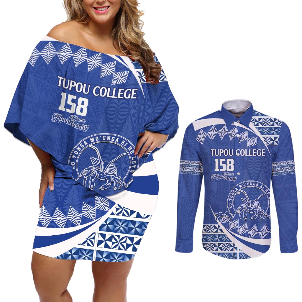 Personalised Tonga Tupou College Toloa Couples Matching Off Shoulder Short Dress and Long Sleeve Button Shirt Happy 158 Years Anniversary