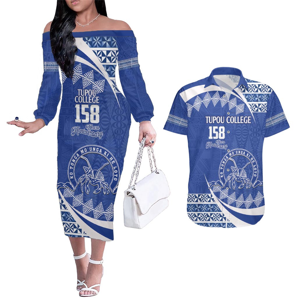 Personalised Tonga Tupou College Toloa Couples Matching Off The Shoulder Long Sleeve Dress and Hawaiian Shirt Happy 158 Years Anniversary