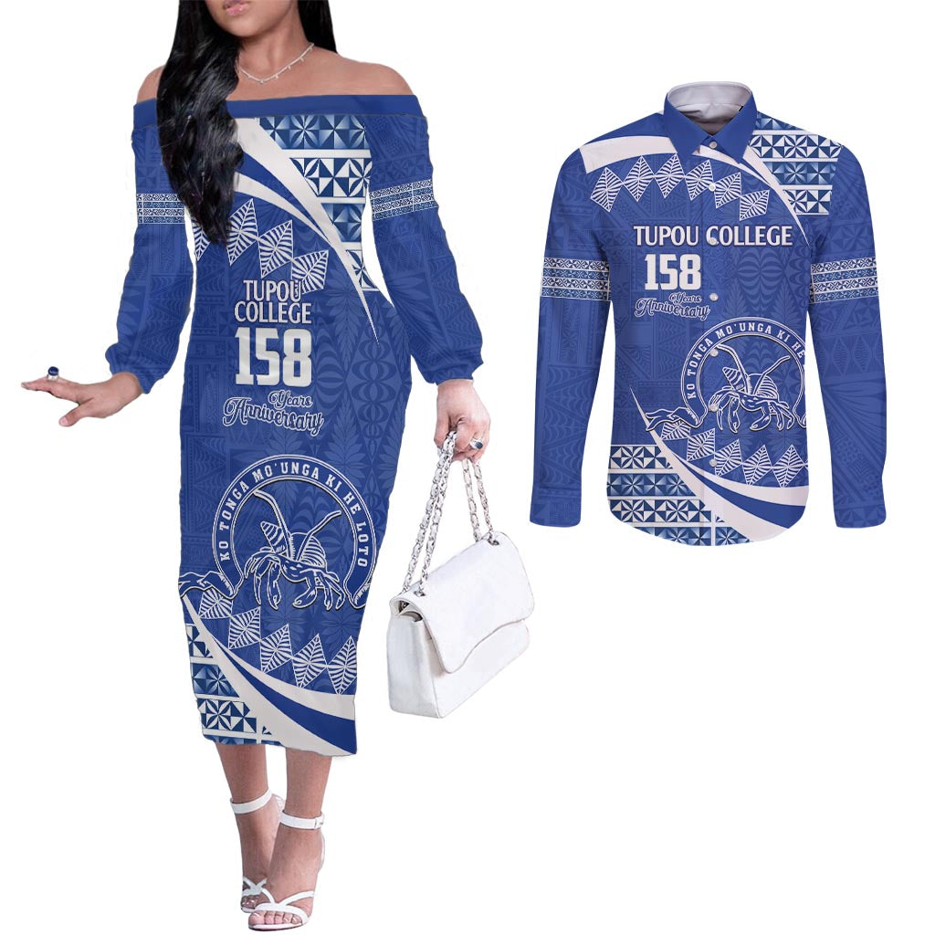 Personalised Tonga Tupou College Toloa Couples Matching Off The Shoulder Long Sleeve Dress and Long Sleeve Button Shirt Happy 158 Years Anniversary