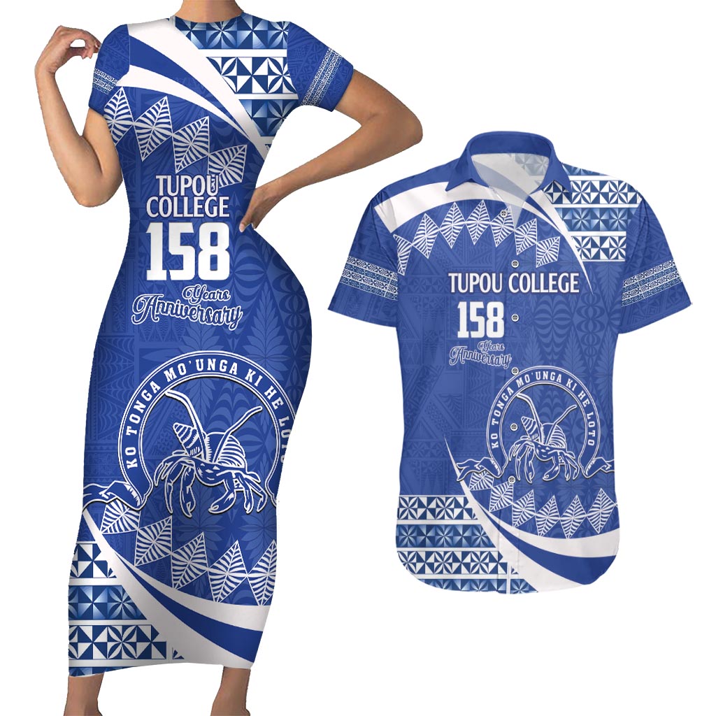 Personalised Tonga Tupou College Toloa Couples Matching Short Sleeve Bodycon Dress and Hawaiian Shirt Happy 158 Years Anniversary