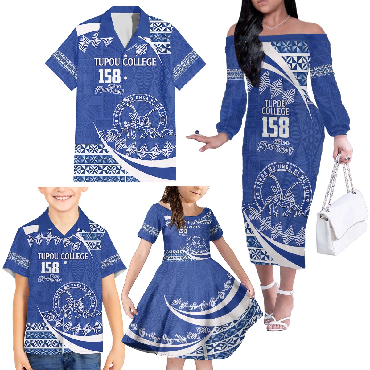 Personalised Tonga Tupou College Toloa Family Matching Off The Shoulder Long Sleeve Dress and Hawaiian Shirt Happy 158 Years Anniversary