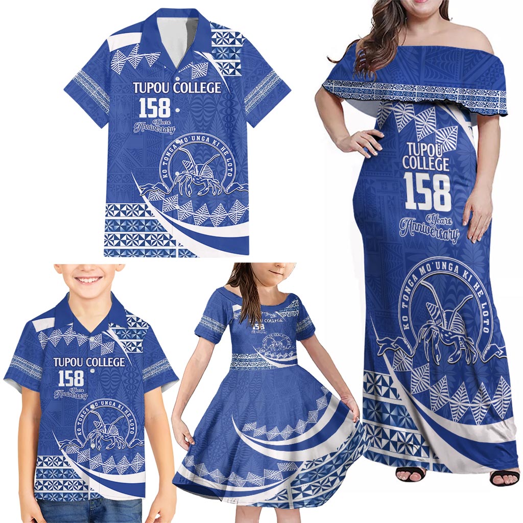 Personalised Tonga Tupou College Toloa Family Matching Off Shoulder Maxi Dress and Hawaiian Shirt Happy 158 Years Anniversary