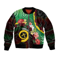 Long God Yumi Stanap Vanuatu Bomber Jacket Tropical Flowers Aboriginal Pattern